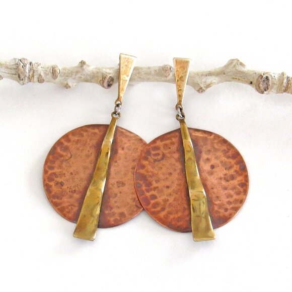 Jewelry - Vintage Hammered Copper and Brass Mixed Metal Pierced Post Earrings